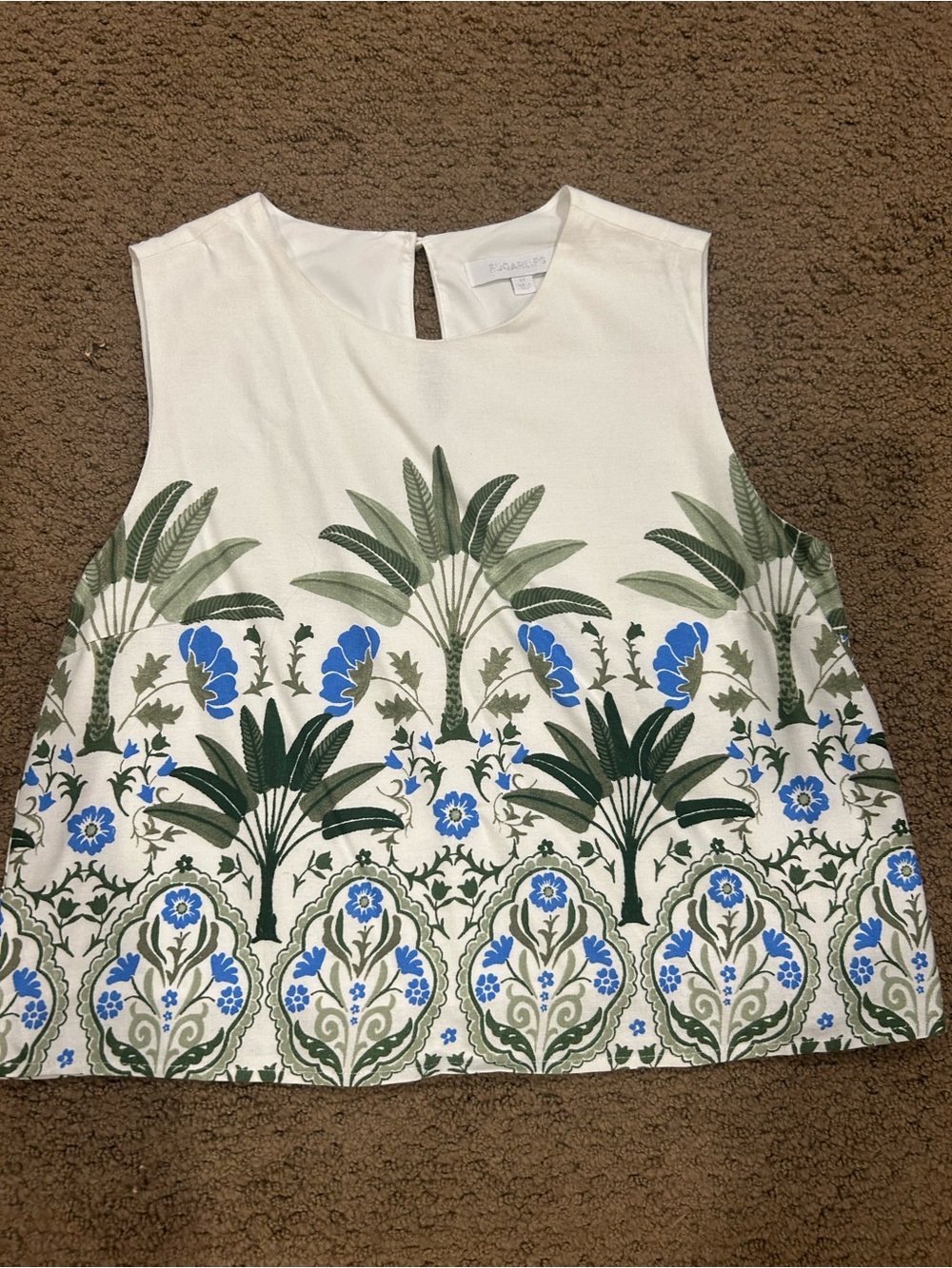 Sugarlips White Sleeveless Top with Blue & Green Botanical Border